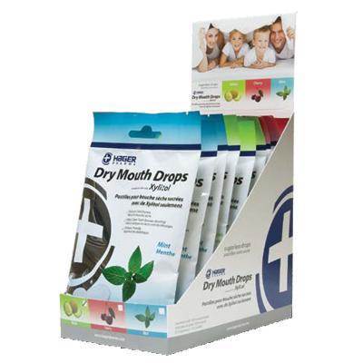 Miradent XYLITOL Dry Mouth Drops, assorted flavors, display box of 12 pouches