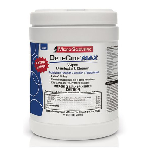Opti-Cide MAX Disinfectant Cleaner, Extra-Large Wipes, 9' x 12', 65/canister