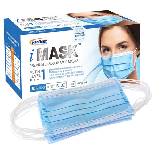 iMask ASTM Level 1 Ear-Loop Masks, Blue, 50/Box