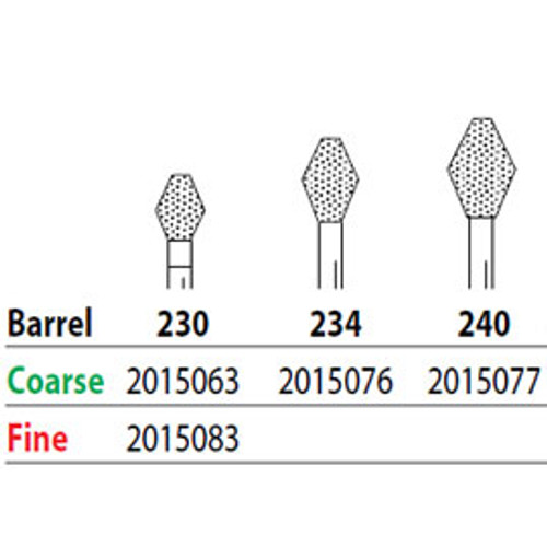 Two Striper FG #240 Coarse Barrel shaped Diamond Bur. Pack of 5