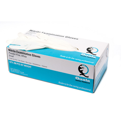 Quala Nitrile Exam Gloves: Small 200/Bx. White. Non-Sterile, Powder-Free