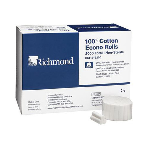 Richmond 1-1/2' x 3/8' (Medium) Non-Sterile Cotton Roll, Box of 2000 cotton