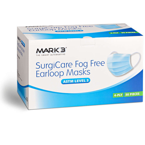 Mark3, SurgiCare Earloop Face Masks Blue Fog Free Level 3 4ply 50/Box, 100-1974BL