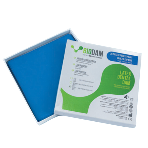 Biodam Latex Dental Dam, Standard Package, 5" x 5", Medium, Blue, 52/Box
