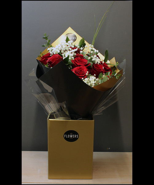 12 Red Roses with gypsophila