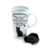 Cat travel mug with handle- Sorry I'm late my cat was sitting on me