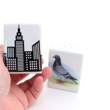 Pigeon Salt and Pepper Shaker Set, Pigeon and city skyline,  funny gift for cook