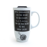 Yarnaholic Travel Mug with Handle, eco friendly, gift for knitter or crochet