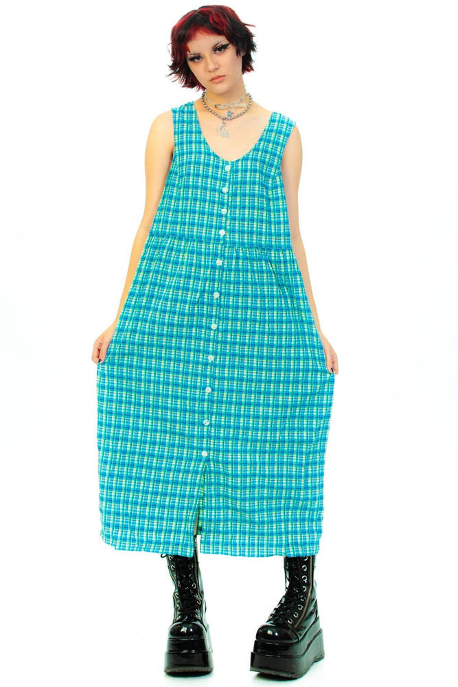 Vintage 90's Plaid Button Up Maxi Dress