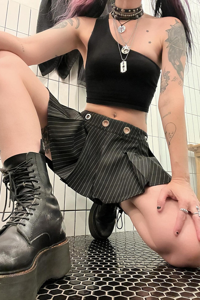 Peekaboo Pinstripe Grommet Mini Skirt