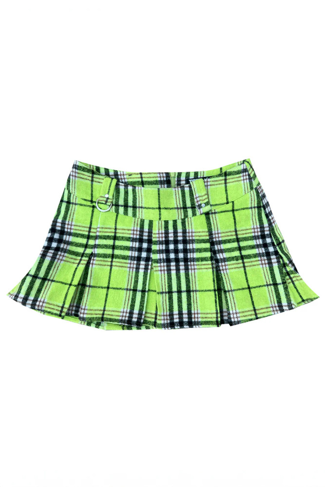Priscilla Slime Green Plaid Low-Rise Mini Skirt
