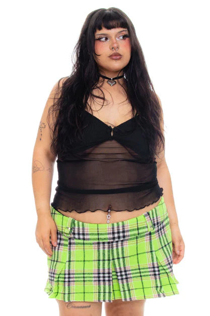 Priscilla Slime Green Plaid Low-Rise Mini Skirt