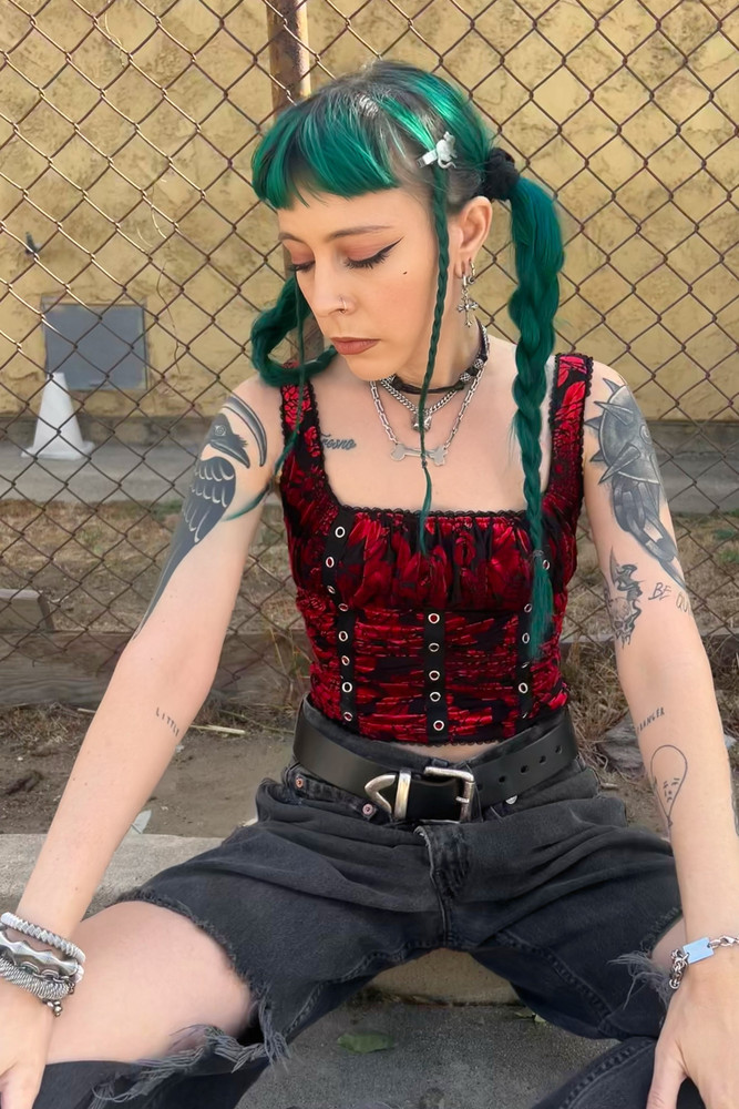 Lexi Black & Red Velvet Burnout Grommet Top