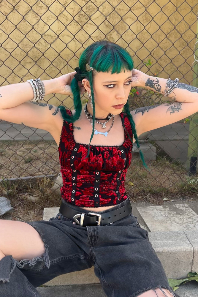 Lexi Black & Red Velvet Burnout Grommet Top