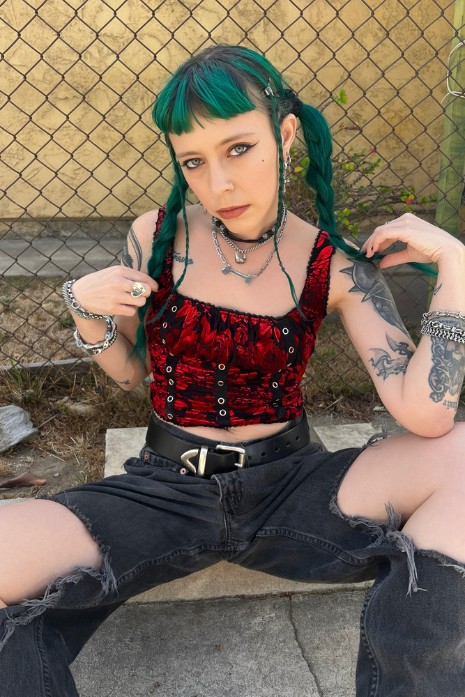 Lexi Black & Red Velvet Burnout Grommet Top