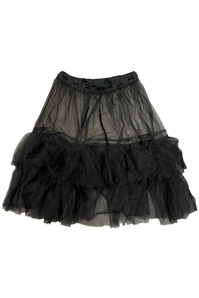 スカート OHESHIO LAYERED SHEER FRILL SKIRT BLACK Women's Tiered Mesh Maxi Skirt with Layered Sheer Panels and