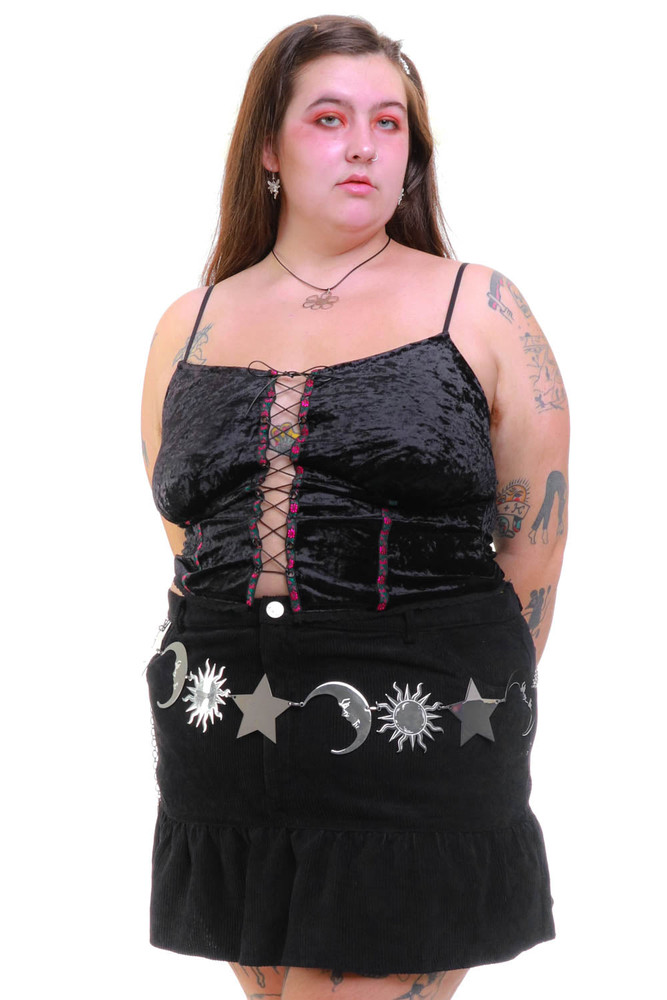 Ria Black Velvet Lace-Up Top