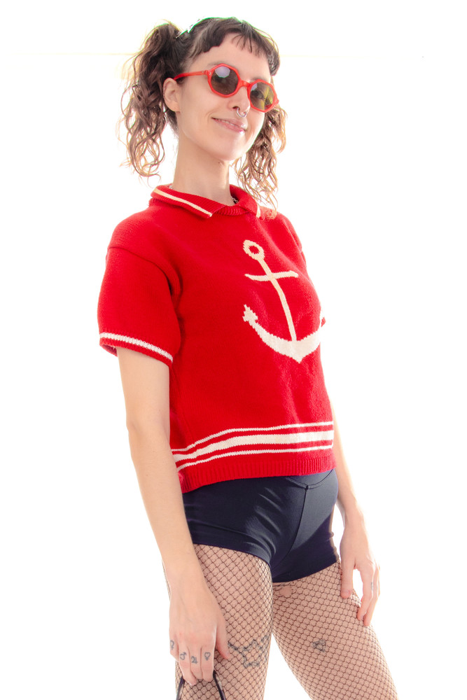 Vintage 80's Anchors Away Collared Short-Sleeve Sweater - One Size Fits Many