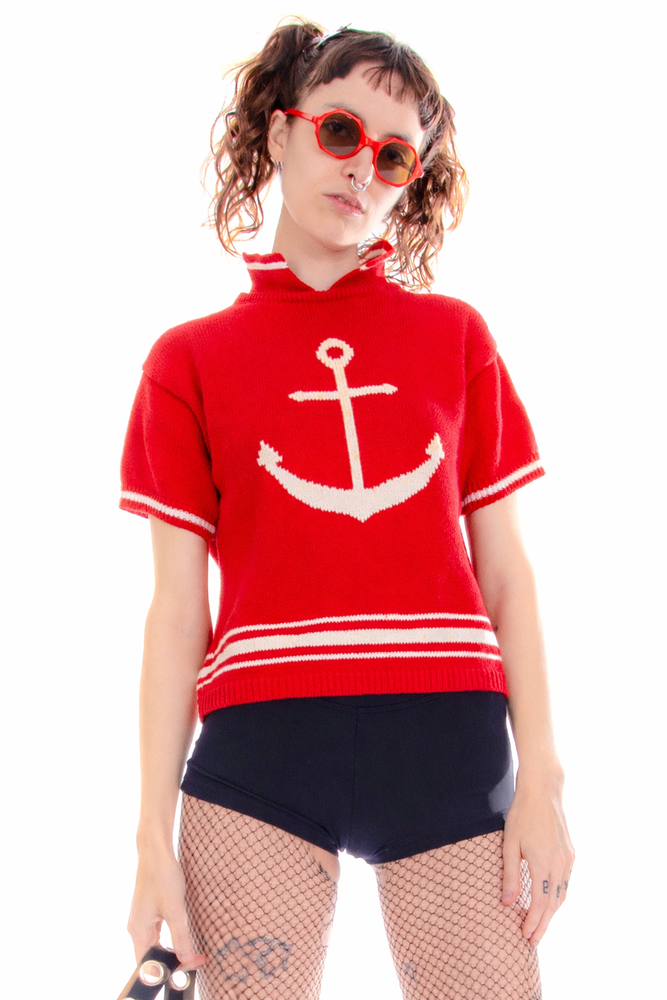 Vintage 80's Anchors Away Collared Short-Sleeve Sweater - One Size Fits Many