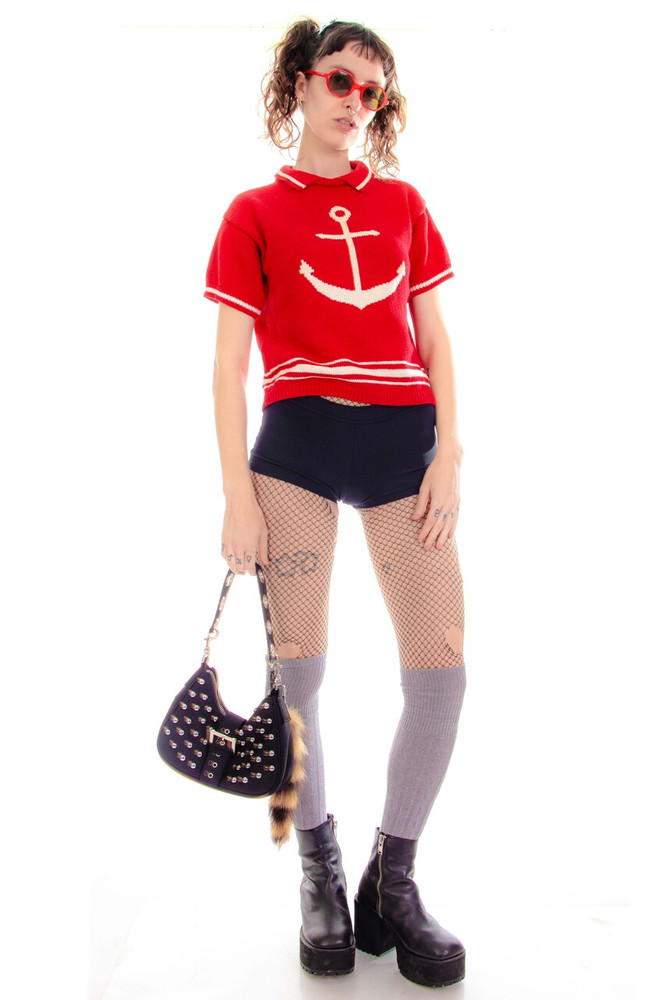 Vintage 80's Anchors Away Collared Short-Sleeve Sweater - One Size Fits Many