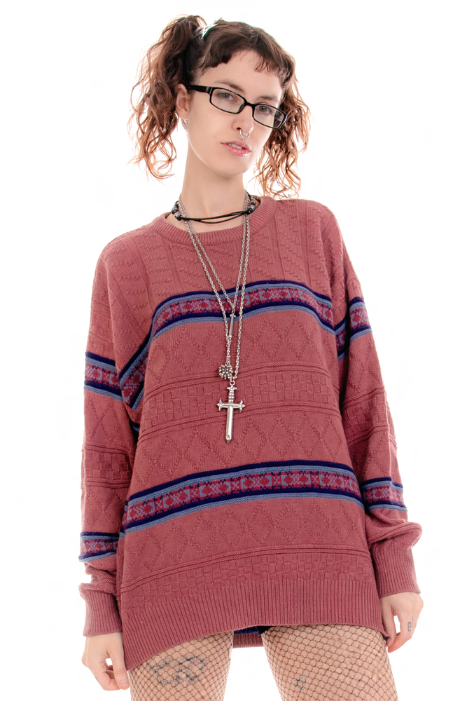 Vintage 90s Mauve Striped Pullover Sweater - One Size Fits Many