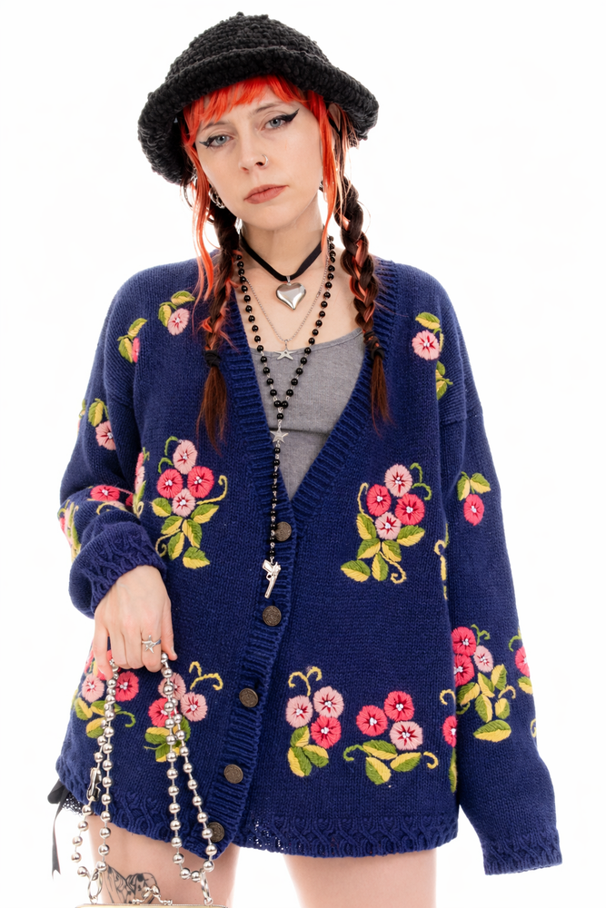Vintage 90's Chunky Knit Floral Cardigan - One Size Fits Many