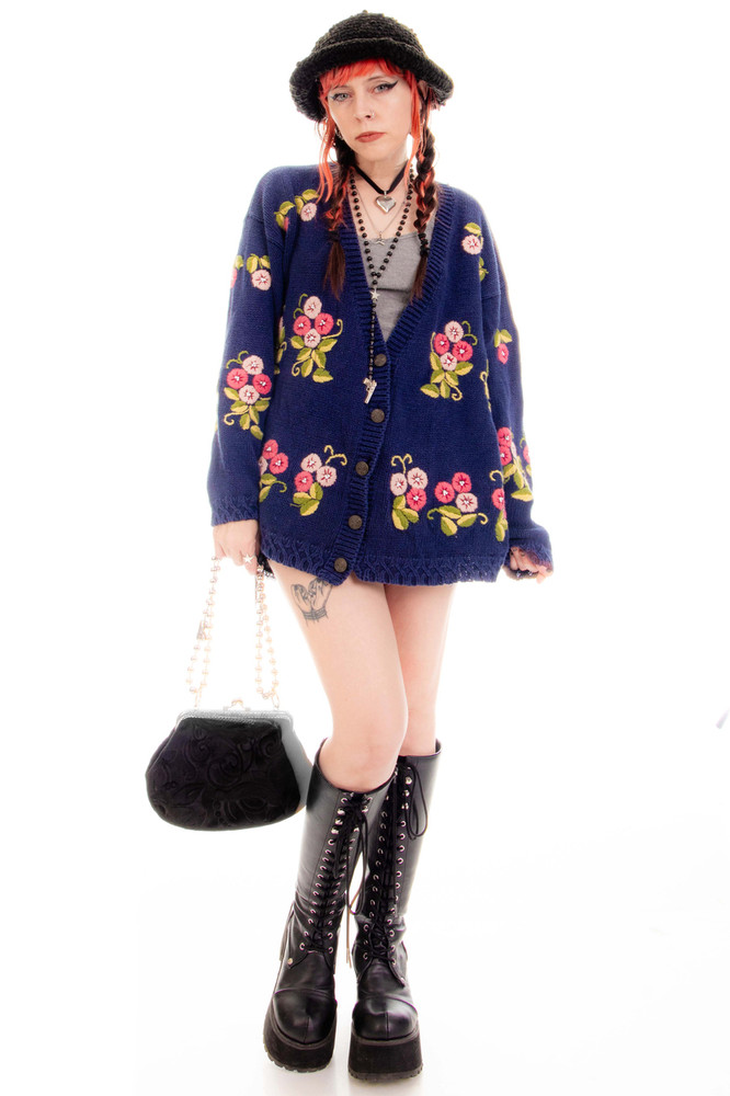 Vintage 90's Chunky Knit Floral Cardigan - One Size Fits Many