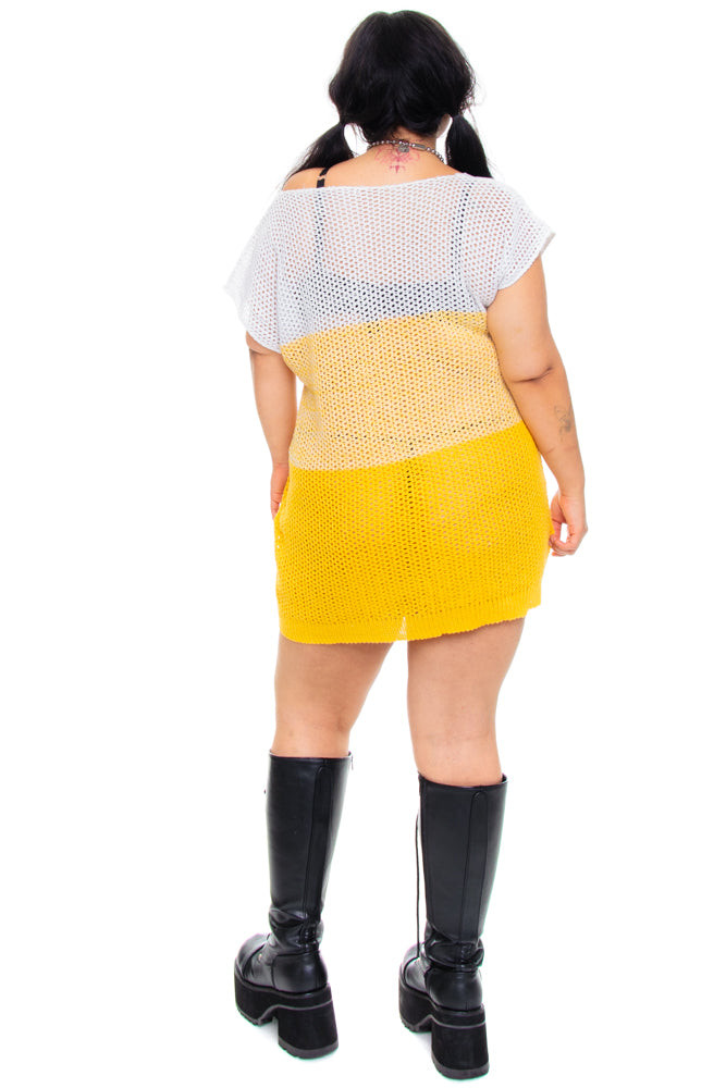 Vintage 90's Yellow & White Crocheted Mini Dress - L/XL
