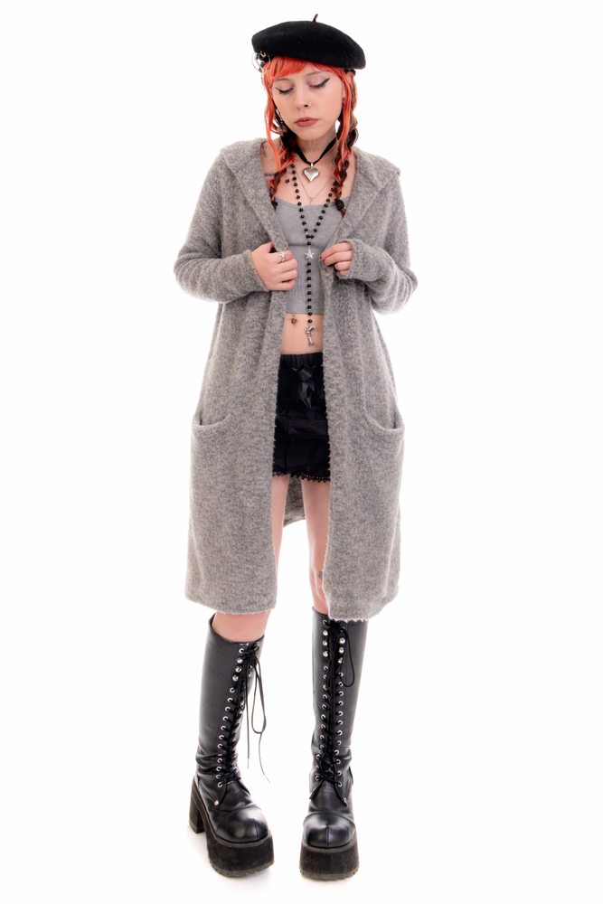 Vintage Y2K Cozy Grey Hooded Longline Cardigan - XS