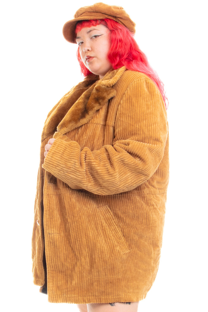 Vintage 80's Corduroy Faux Fur Trimmed Coat - 2X