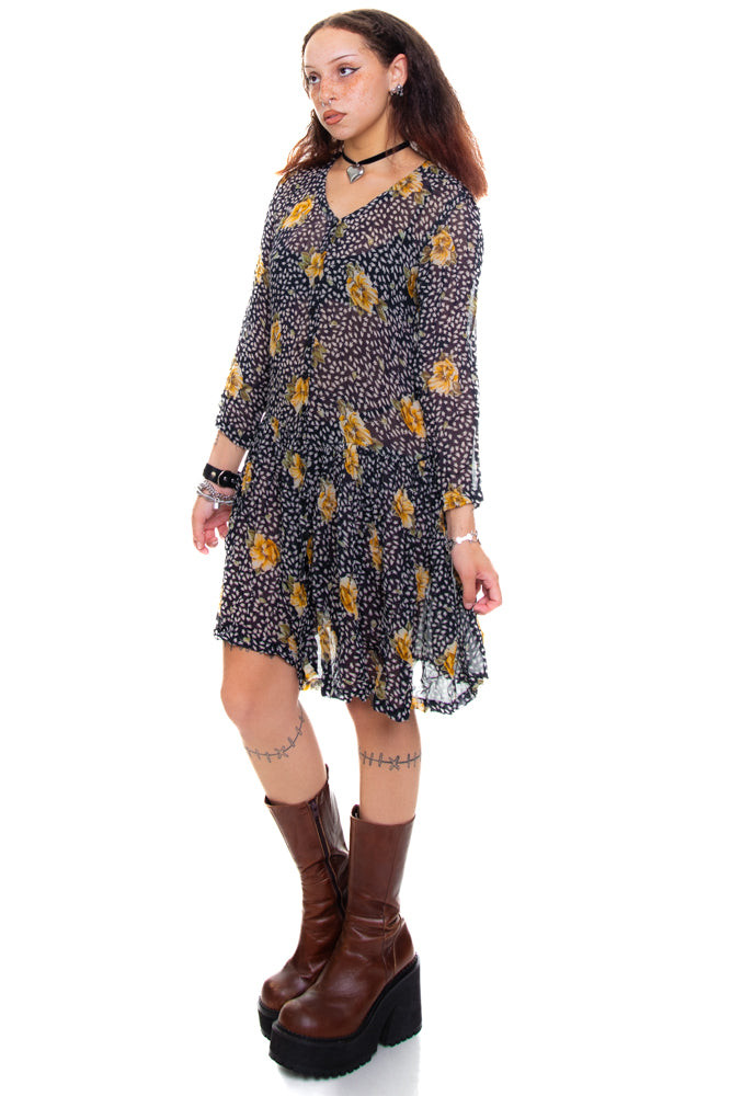 Vintage 90's Floral Rayon Chiffon Dress - XS/S
