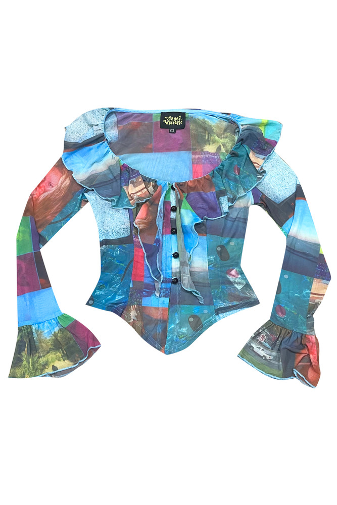 Vampy Y2K Print Ruffle Blouse