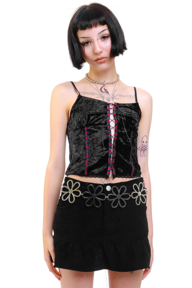 Ria Black Velvet Lace-Up Top
