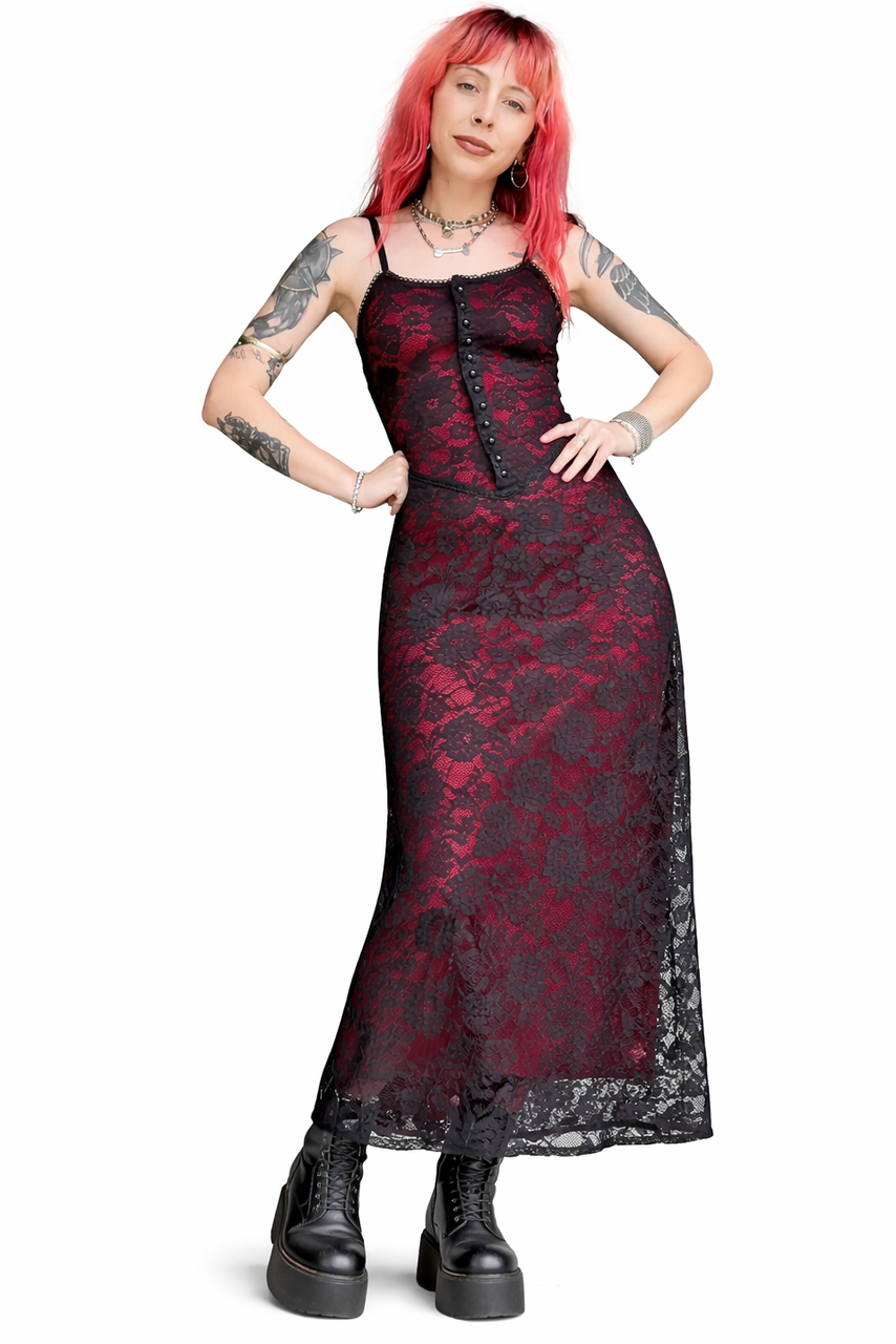 black lace dress with red underlay Morbid Threads Gothic Lacy Ruched Slip Dress S Y2K Punk Black Red Lace Bodice