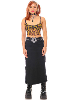 Vintage Y2K Black Denim Fringe Maxi Skirt