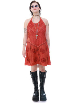 Vintage Y2K Burnt Orange Embroidered Halter Dress