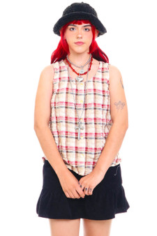 Vintage Y2K Plaid Button Up Sleeveless Shirt