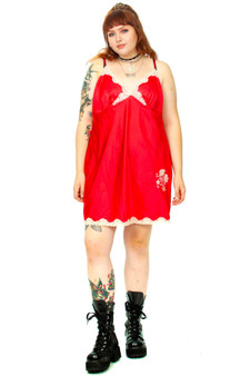 Vintage 90's Bright Red Lace Silk Slip Dress