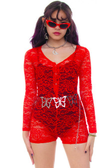 Vintage 90's Stretchy Red Lace Bodysuit