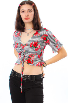 Vintage Y2K Gingham Check & Roses Crop Top