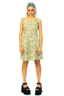 Vintage 90's Olive Green Floral Lace Up Dress