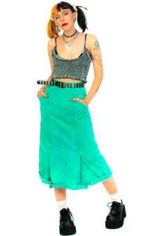 Vintage 80's Retro Mama Green Denim Midi Skirt