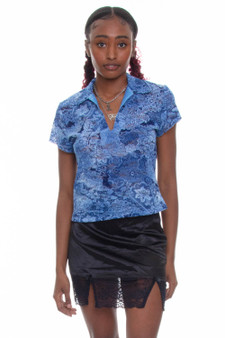 Vintage Y2K Blue Collared Paisley Lace Top