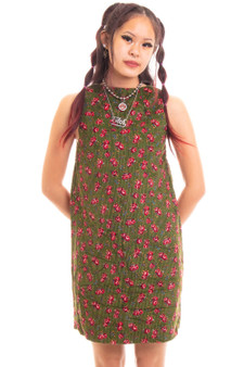 Vintage 70's Green Corduroy Rose Tank Dress