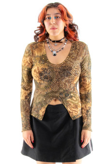 Vintage Y2K Brown Floral Fairy Bedazzle Top