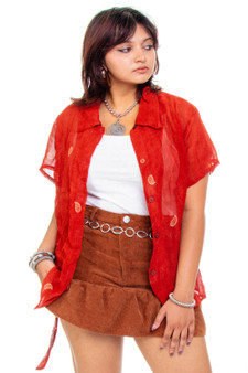 Vintage 90's Sheer Orange Paisley Button Up Top