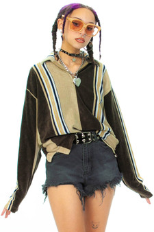Vintage 90's Striped Velour Collared Pullover