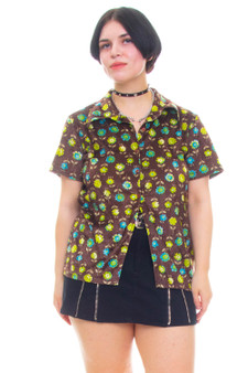 Vintage 90's Brown Velvet Floral Button Up Top
