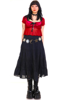 Vintage Y2K Black Cotton Eyelet Tiered Midi Skirt