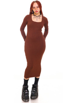 Not-Quite-Vintage Long-Sleeve Brown Rib Knit Midi Dress